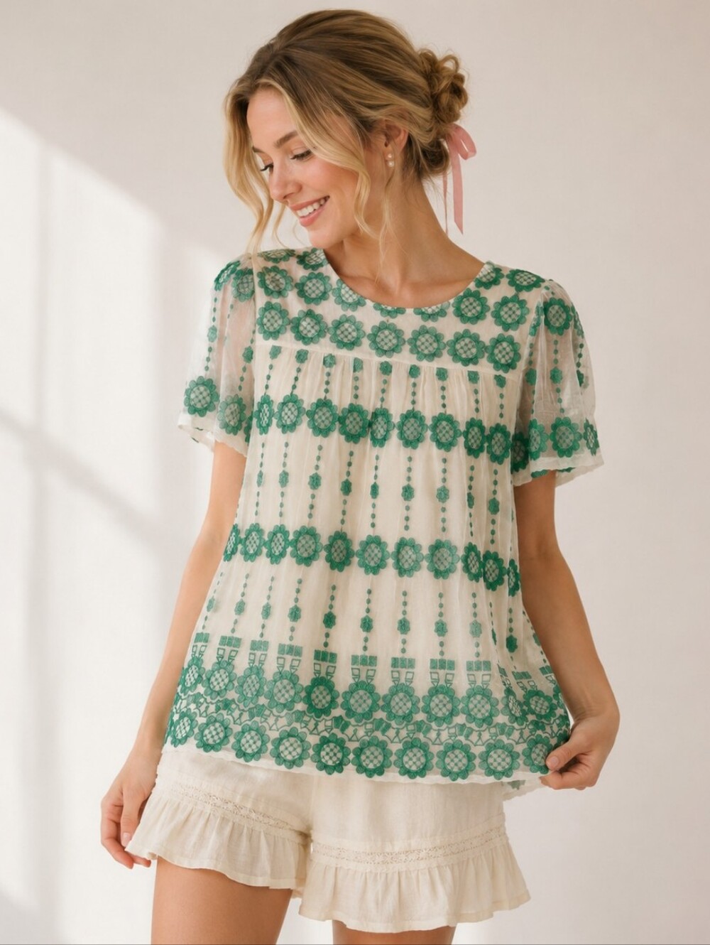 Leifsdottir Silk Top Size 4 Ivory Sheer Overlay Green Embroidery Feminine Dainty